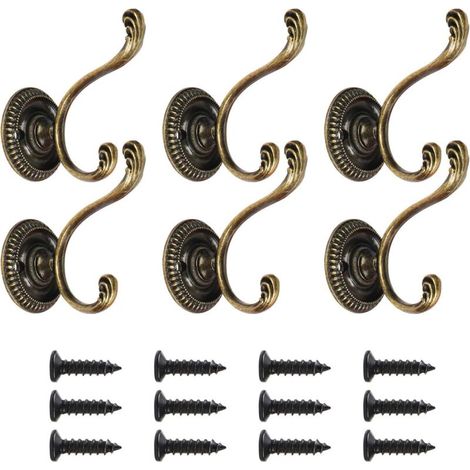 Set di 6 ganci appendiabiti doppi vintage, robusti ganci da parete, ganci per vestiti, ganci per camera da letto principale, ganci decorativi per porte con viti per bagno e cucina, bronzo