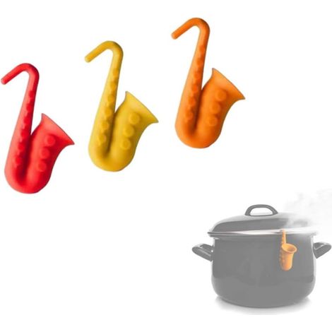 Lève-couvercle Pour Casseroles - Support En Silicone Résistant À La Chaleur - Anti-débordement Pour Cuisinière Gaz Et Électrique - Forme Saxophone - Lot De 3 (Jaune Rouge Orange) (1/5)