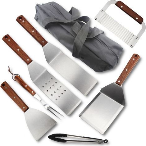 Set d'ustensiles pour barbecue – Kit de 8 accessoires de grillade en acier inoxydable avec manches en bois – Ensemble d'ustensiles et accessoires pour barbecue livré dans un sac de rangement (1/5)