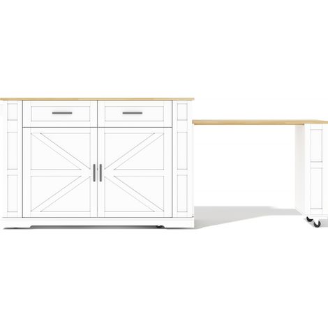 Isola da cucina estensibile 130 x 50 x 93 cm con prese, 2 cassetti, MDF, bianco rovere (1/5)