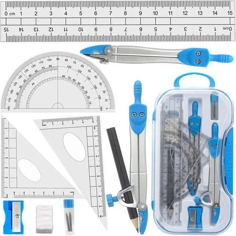 HOXILEELEOEnsemble de 10 compas géométriques, rapporteurs et règles pour les mathématiques et l'ingénierie, avec mallette de transport bleue. (1/4)