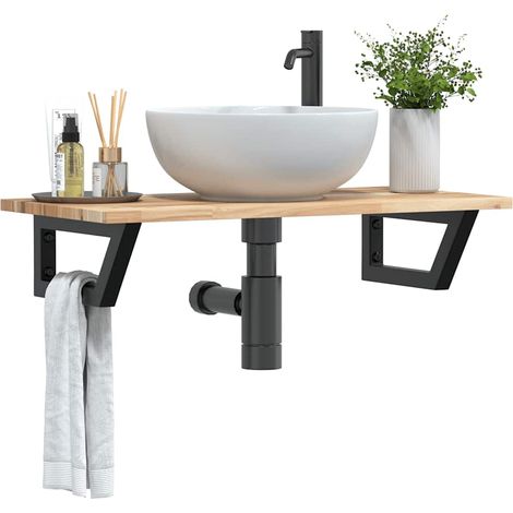 Étagère murale pour vasque 60 x 40 cm en bois d’acacia et acier noir, 2 supports - PANGIVO (1/5)