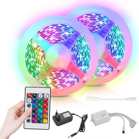 Randaco 10m ruban LED interieur, guirlande lumineuse auto-adhésive, dimmable, 300 LEDs(2x5m), changements de couleurs, livré avec télécommande à 24 touches