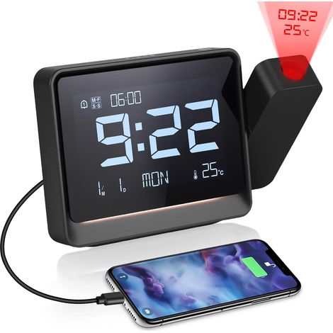 Reveil Projecteur Plafond, Horloge Digitale Projecteur 180°, Réveil Projection avec Température, Date, Bluetooth, Snooze, Veilleuse,Affichage 12H/24H,Luminosité Réglable, pour Bureau (1/5)