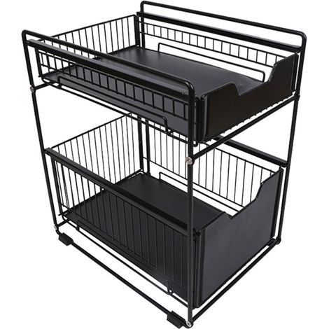 Rangement sous Évier Cuisine, Organisateur Coulissant avec 2 Tiroirs Porte-épices, pour Salle de Bain, Cuisine, Bureau Noir