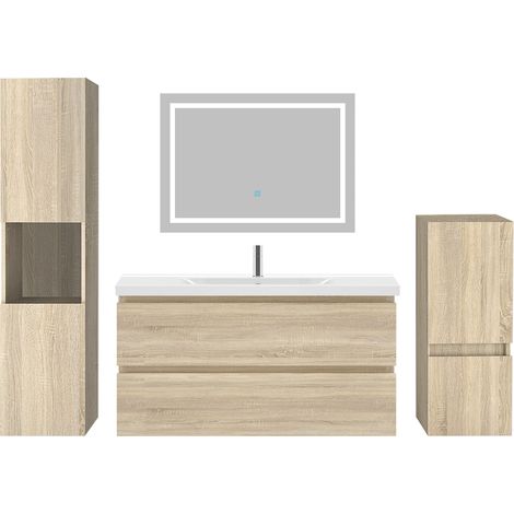 Ensemble meuble de salle de bain avec tiroirs 100cm, vasque céramique + colonne x2 + LED miroir, chêne