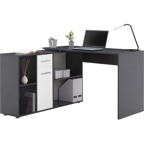 Bureau d'angle CARMEN avec meuble de rangement, décor béton foncé et blanc mat