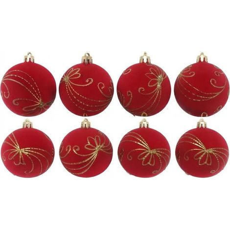 Set 8 Palline Natale Velluto rosse 6 cm con Ricami Dorati per Albero di natale ghirlande decorazioni casa e lavoro addobbi sfere rossa particolari ed eleganti (1/5)