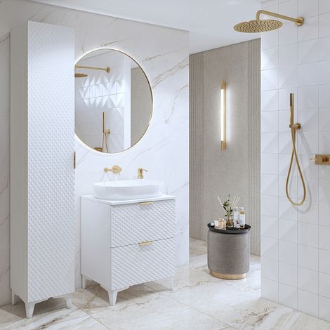 Conjunto de 2 muebles de baño colección CHIC en colores blanco y dorado. Mueble bajo lavabo.