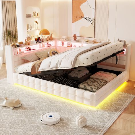 Lit Banquette Rembourré 140x200 cm, Coffre Hydraulique, LED, Prise Intégrée, USB et Type-C, Étagères, Sommier à Lattes - Beige (1/5)