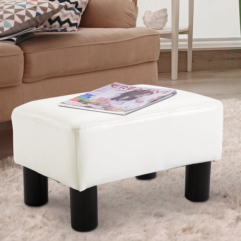 Reposapiés para Sofá Taburete Pequeño Tapizado en Piel Sintética Asiento de Espuma y Patas de Plástico 40x30x24cm Blanco (1/5)
