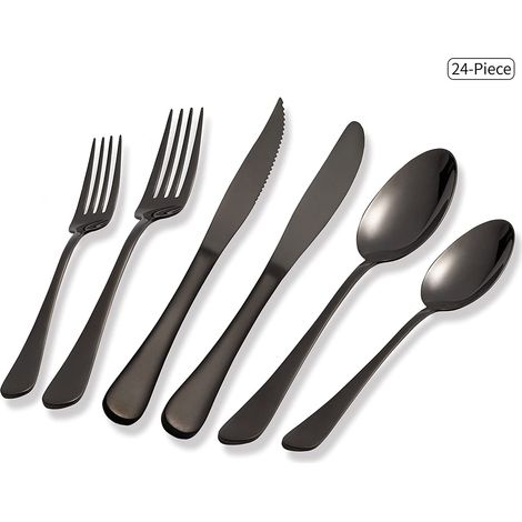 Ménagère noire 24 pièces. Ménagère en acier inoxydable argenté. Service de table. (Pour 4 personnes) (1/5)