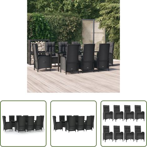 vidaXL Garten-Essgruppe - 9-tlg. Garten-Essgruppe mit Kissen Schwarz Poly Rattan (1/5)
