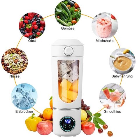 Frullatore portatile, mini frullatore, piccolo spremiagrumi, macchina per smoothie con cannuccia in silicone, 12 lame in acciaio inox e display digitale, frullatore ricaricabile di tipo C con capacità (1/5)