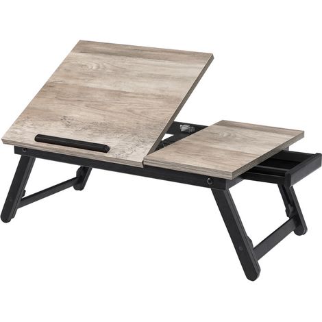 Table de Lit, Support pour Ordinateur Portable, avec Tablette et Pieds Réglables, pour Écran jusqu'à 15,6 Pouces, (61-68,3) x 34,9 x (22,5-32) cm, Grège