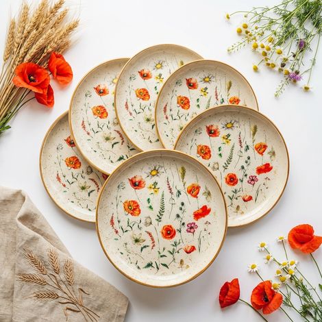 Assiettes à déjeuner et à dessert (lot de 6) - Motif fleurs sauvages - Coquelicots - Ø 20 cm (1/5)