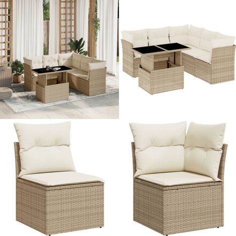 Salon de jardin avec coussins 6 pcs beige résine tressée - Ensemble Salon De Jardin - Salon Extérieur - Meuble Jardin - Table Basse Extensible - Canapé D'extérieur - Home & Living (1/5)