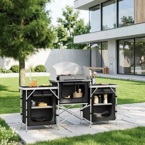 Station de cuisine extérieure pliable, îlot de cuisson extérieur stable avec système d'étagères intégré, îlot de cuisine de camping compact, meuble de cuisine (meuble de cuisine uniquement) sur place (1/5)
