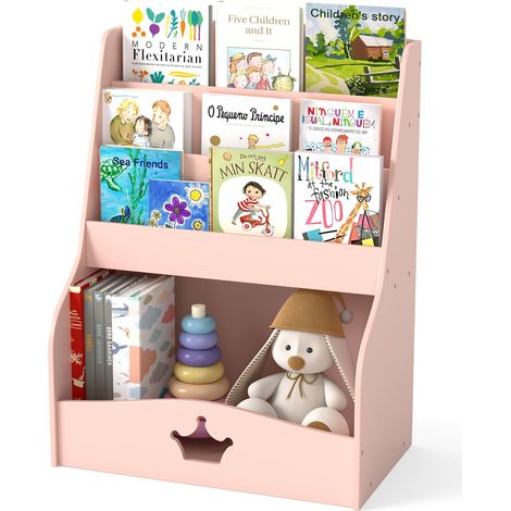 COSTWAY Kids Bookshelf Montessori Bookshelf w/ 3 Shelves & Open Compartment Pink (1/5)