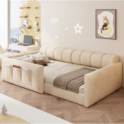 Lit enfant 90x200 cm banquette avec rangement, tête de lit rembourrée, gain de place, velours beige (1/5)