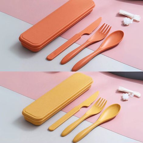 Ensemble de couverts de voyage 3 pièces avec étui de rangement, comprenant une fourchette, une cuillère et un couteau portables et réutilisables, idéal pour une utilisation en extérieur. Couleur orang (1/3)