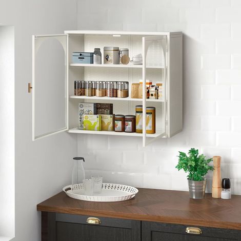 Armoire murale 60x23x70 cm blanche en métal et verre trempé avec 2 portes et étagère amovible (1/5)