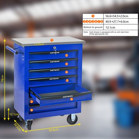 Chariot à outils en métal avec 7 tiroirs et roulettes, idéal pour les garages, les ateliers et les ateliers mécaniques, noir et bleu (1/4)