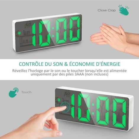 Réveil Numérique, Alarm Réveil LED avec Fonction Snooze, Luminosité réglable, ave mode jour de travail(Blanc+Police Vert) (1/4)