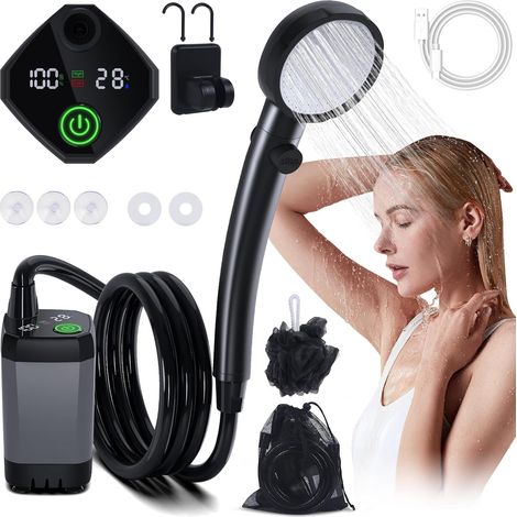 Kit Douche de Camping, Douche Portable,Pompe de Douche Électrique Rechargeable,Imperméable, avec Afficheur Intelligent et Pomme de Douche 4 Modes pour Extérieure,Camping,Randonnée (1/5)