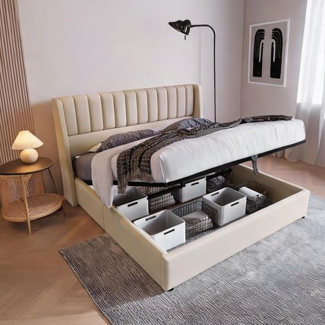 Cadre de lit beige en lin (1/5)