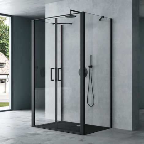 Mai & Mai Duschkabine U-Form Duschabtrennung 100x90 Duschkabine Aluminiumrahmen mit Duschtasse ESG-Sicherheitsglas Klarglas Doppeltüre Schwarz Ravenna66UK