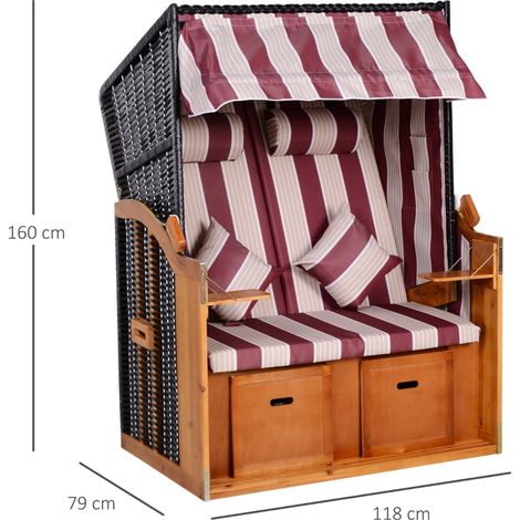 Transat de jardin Baltic Sea 2 places, inclinable à 5 positions, bois de sapin et résine tressée PE, avec repose-pieds et tablettes, rouge et blanc, parfait pour terrasse et balcon. (1/5)
