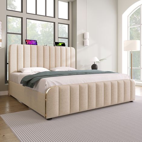 Lit Coffre 140x190cm - Rangement Hydraulique - Tissu Lin Beige - Tête de Lit avec Bandes Dorées - Ports USB et Type-C - Structure Métal et Bois - Capacité 181kg