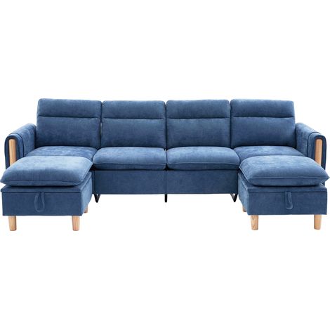 ELVMI Modulares U Sofa mit 4 Sitzplätzen, 2 Stauraumhockern und Seitentaschen mit Holzbeinen aus Chenille Blau (1/5)