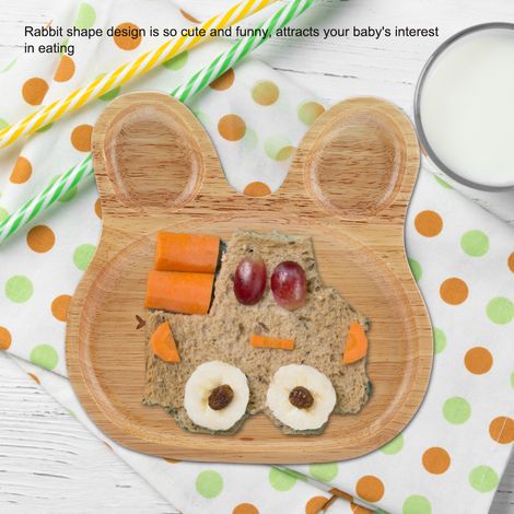 Holzteller für Kinder, Dessert- und Snacktablett, niedliches Hasenmotiv, Holzgeschirr für Kinder (1/5)