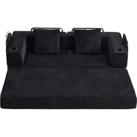Sofá cama de suelo plegable negro de pana con almohadón, posavasos y bolsillo lateral (1/5)
