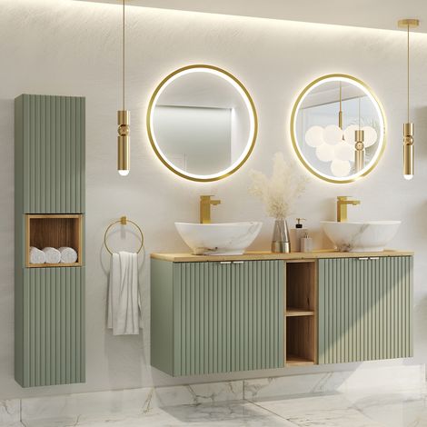 Conjunto mueble lavabo doble 140cm 4 puertas 2 compartimientos y columna Jade Verde y Madera (1/4)