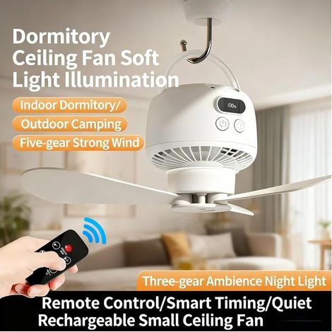 Petit ventilateur de plafond rechargeable - avec veilleuse LED - 5 vitesses de ventilation - idéal pour les dortoirs et le camping. (1/5)