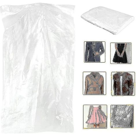 Lot de 50 housses à vêtements transparentes anti-poussière pour suspendre costumes, robes et vestes. Idéales pour le pressing, le rangement à domicile, les voyages et le stockage de vêtements. (1/4)