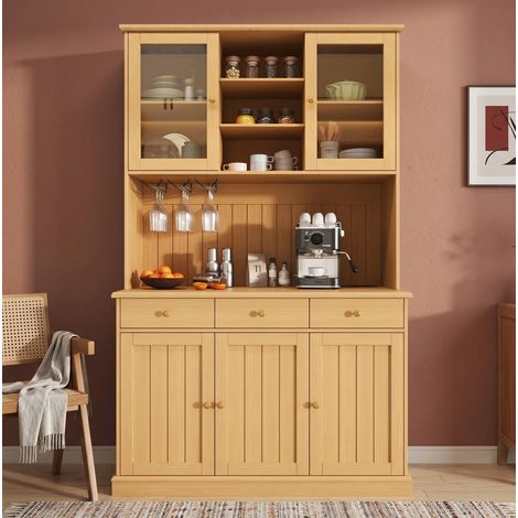 Buffet haut 120x40x191 cm, portes vitrées, tiroir, étagères réglables, USB, en panneaux de particules, bois naturel (1/5)