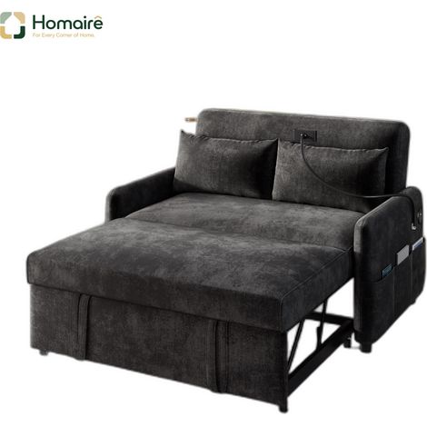 Canapé en velours gris avec couchage coulissant et port USB 129 x 76 x 81 cm HOMAIRE (1/5)