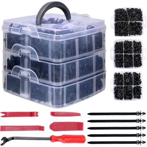 Clips Voiture, 635 Pcs Rivet Clips Plastique Fixation Noir Universel pour Auto Voitures Panneaux Garnitures de portières avec Boîtier de Rangement et Outil Démontage Installation (1/5)