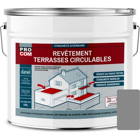 Procom – Peinture d'étanchéité pour terrasse circulable – Résine souple pour béton et carrelage – Résiste aux intempéries et à la circulation piétonne – 10 litres