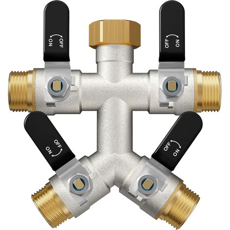 Répartiteur de tuyau d'arrosage en laiton, 4 voies, résistant au gel et au soleil, raccord de robinet extérieur en laiton, répartiteur avec 4 valves, nickelé pour une résistance à la (1/5)