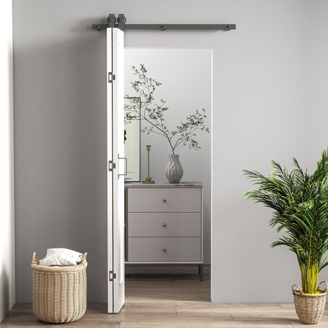 Porta Scorrevole a Libro Pieghevole a Portafoglio 70x210 cm con Superficie Verniciabile in MDF e Acciaio Bianco (1/5)