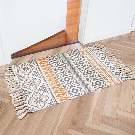 Tapis bohème, en coton tissé avec des pompons, lavable, 90 x 60 cm, pour cuisine, salle de bain, chambre, buanderie, intérieur (1/4)