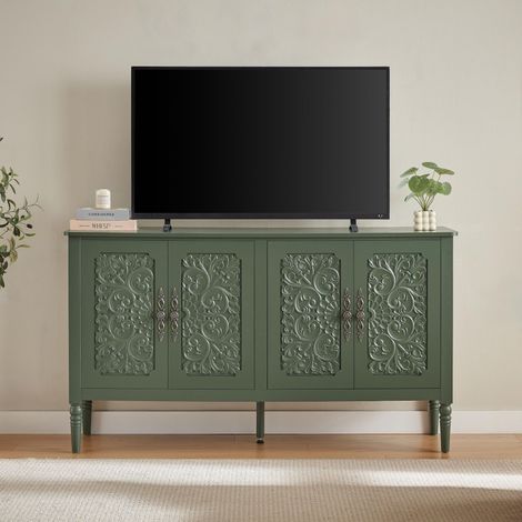 Buffet bas de cuisine et salon 160x40x89 cm - meuble de rangement vintage à 4 portes sculptées en relief et angles arrondis - mdf et métal - vert vintage (1/5)