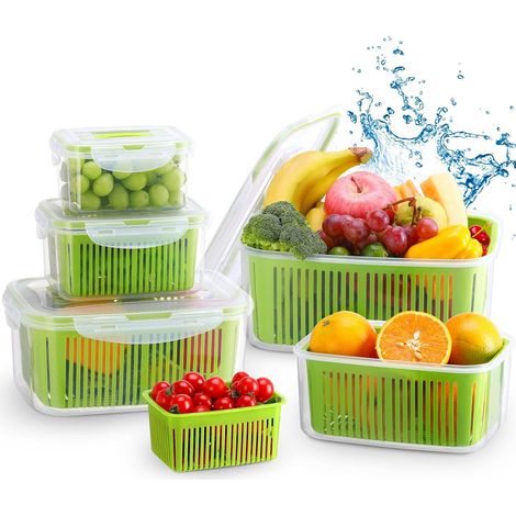 Lot De 5 Boîte Rangement Frigo,Boîte Conservation Alimentaire Vert Fraîcheur Passant au Micro-Ondes Lave-Vaisselle avec Passoire, Récipient Bac Conservation Salade Légume Fruit Fromage (1/5)