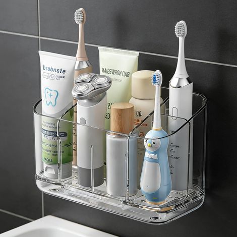 1 Porte-Brosse à Dents, Support Mural et Comptoir, Acrylique Transparent, 6 Fentes, Adhésif Sans Percer, Salle de Bain (1/5)