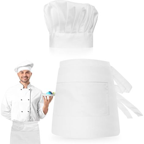 Ensemble Toque et Tablier, Toque de Chef et Tablier Court Tablier de Taille avec Poche, Ajustable Toque et Tablier pour Les Hommes Femmes Dans Restaurant, Maison, Cuisine (1/5)
